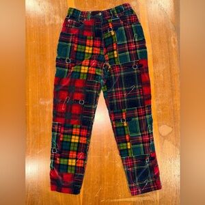 Les Copains Women’s Plaid Pants. 90’s VTG Italian patchwork safety pins buckle